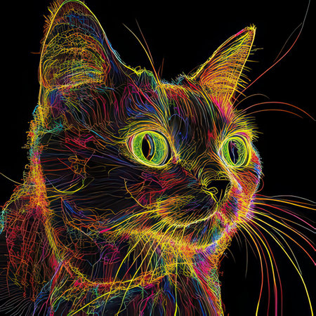 Portrait of a cat with multicolored lines on a black backgroundの素材
