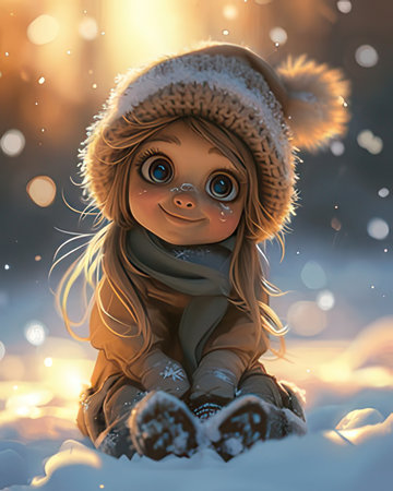 Little girl in winter clothes sitting in the snow. 3D illustration.の素材