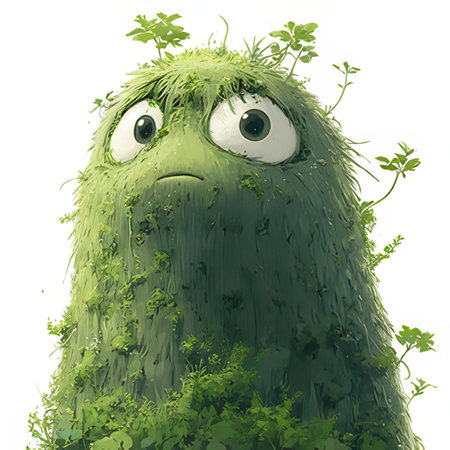 cartoon green monster with grass on white background - illustration for childrenの素材