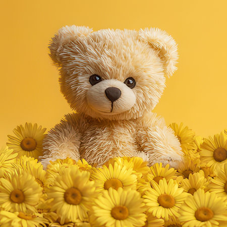 Teddy bear with yellow daisies on a yellow background.の素材