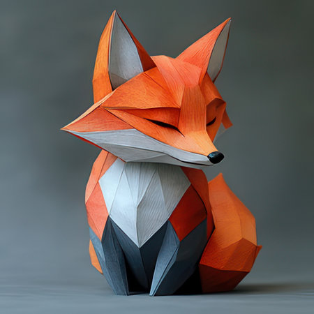 Paper origami fox isolated on gray background. 3D illustration.の素材