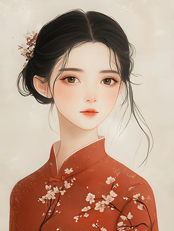 3d illustration of a Japanese girl in a red kimonoの素材
