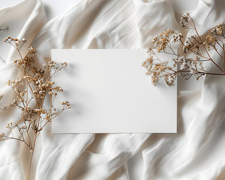 Wedding invitation card mockup with dried flowers on white fabric. Flat lay, top view.の素材