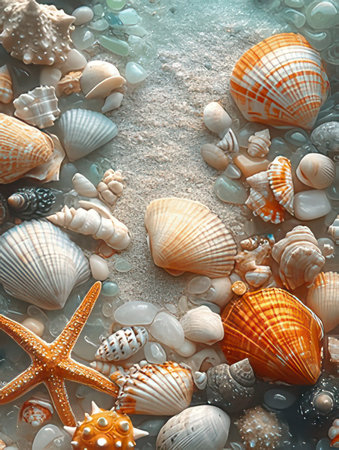 Sea shells and starfish on the sand. 3d illustration.の素材