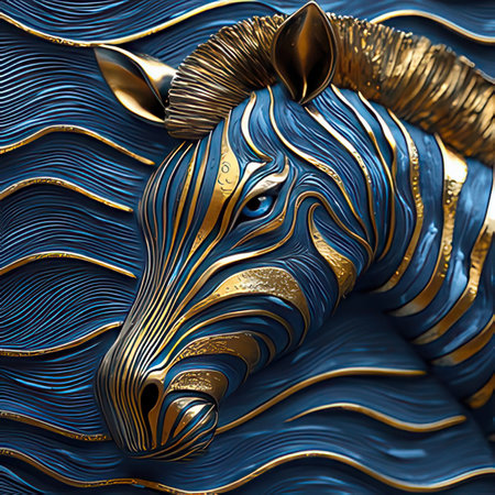 3d rendering of a zebra head with golden and blue backgroundの素材
