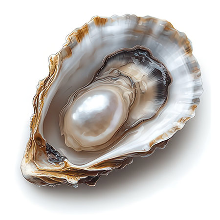 Opened oyster shell isolated on white background. Top view.の素材