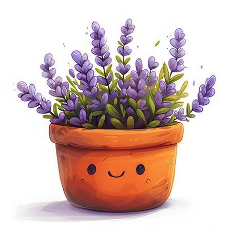 Lavender flower in pot. Cute cartoon character. Vector illustration.の素材