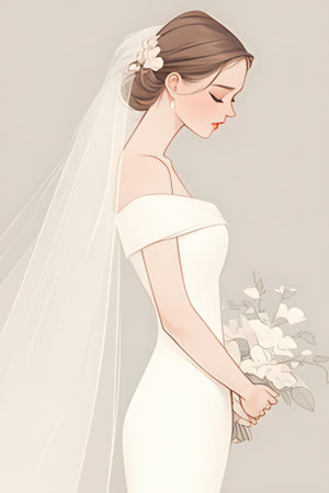 Beautiful bride in wedding dress with bouquet of flowers on gray backgroundの素材