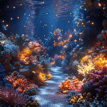 Underwater scene with corals and path. 3D illustration.の素材