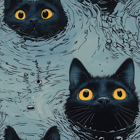 Seamless pattern with black cats in water. Vector illustration.の素材