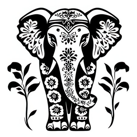 Elephant with floral ornament. Hand drawn vector illustration in ethnic style.の素材