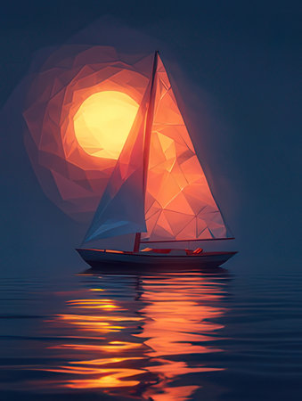 Sailing boat on the sea at sunset. 3D illustration.の素材