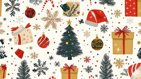 Seamless pattern with Christmas tree, gifts and snowflakes. Vector illustration.の素材