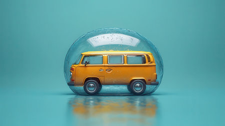 3d illustration of a small yellow van in a glass dome.の素材