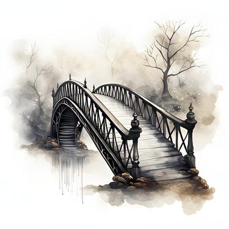 Illustration of a bridge in the foggy forest. Digital painting.の素材
