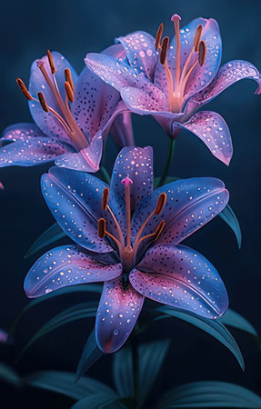 Beautiful purple lily flowers on dark background. Toned.の素材