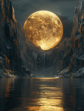 Fantasy landscape with full moon over the lake. 3D illustrationの素材