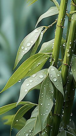 Bamboo leaves with dew drops in the morning. Natural backgroundの素材