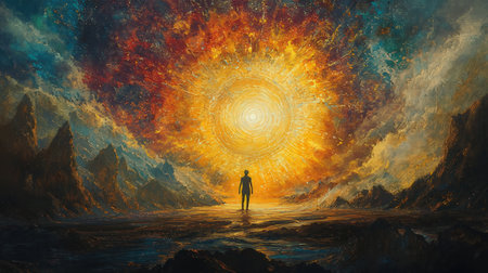 Fantasy scene of a young man standing in the middle of a surreal space.の素材