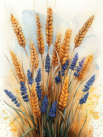 Watercolor illustration of wheat ears and blue flowers on a white backgroundの素材