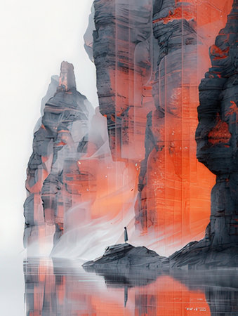 Fantasy landscape with mountains and lake. Digital painting. 3D illustration.の素材