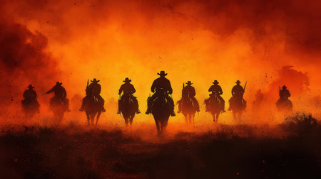 Silhouette of a group of cowboys on horseback.の素材