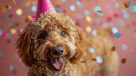 Cute dog with birthday party hat and confetti on pink backgroundの素材