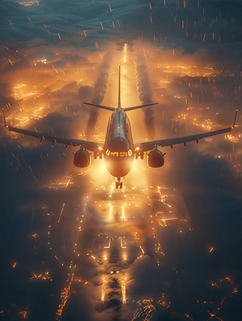 Airplane in the sky with rays of light. 3d renderingの素材