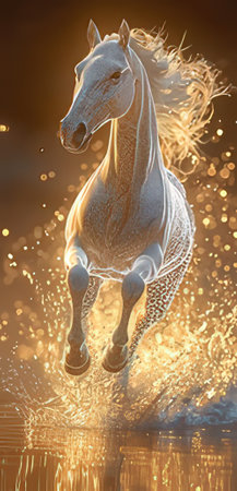 3d rendering of a horse running in the water with golden lightの素材