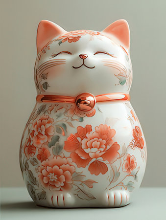 Ceramic figurine of a cat with a floral pattern.の素材