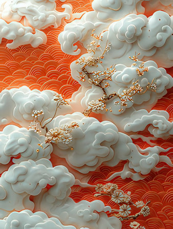 3D illustration of a Japanese paper-cut pattern with clouds.の素材