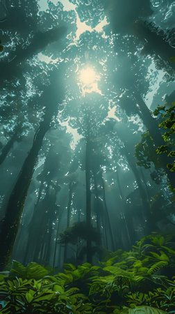 Fantasy forest with trees and rays of light. 3d renderingの素材