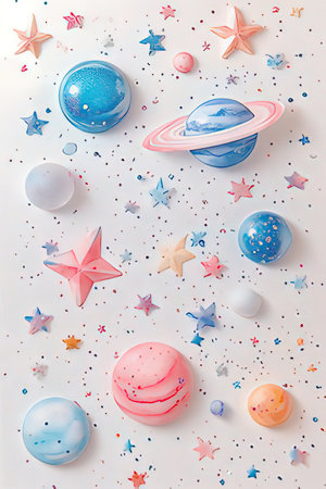 Flat lay of planets, stars and confetti on white backgroundの素材