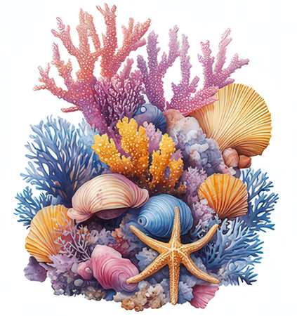 Underwater world with corals and starfish. Watercolor illustrationの素材