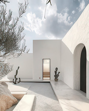 3D render of a modern villa with white walls and concrete floorの素材