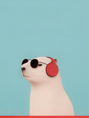 Cute white cat in sunglasses and headphones on blue background. Minimal concept.の素材