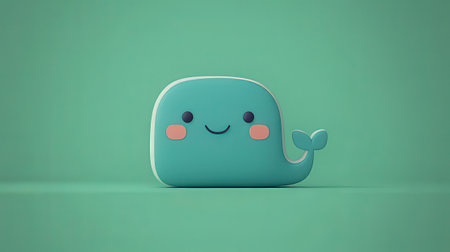 3d rendering of a cute blue whale character isolated on green backgroundの素材