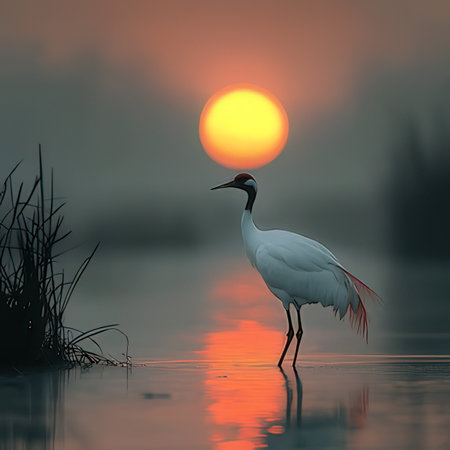 Red-crowned crane in the lake at sunset, 3d renderの素材