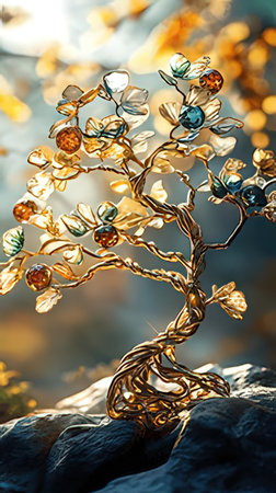 Luxury golden tree with precious stones on the background of the sunの素材