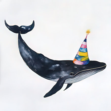 Cute cartoon whale with a birthday hat on a white background.の素材