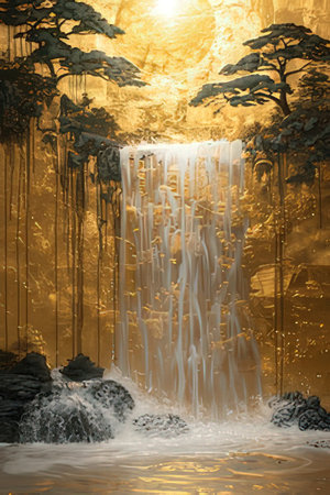 3d rendering of a waterfall with a golden background in the forestの素材