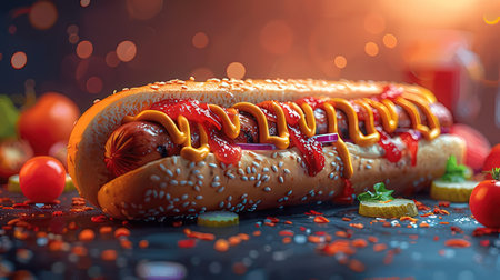 Hot dog with mustard, ketchup on a dark backgroundの素材