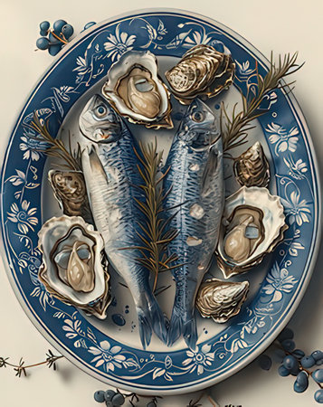 Sardines with oysters and rosemary on a blue plateの素材