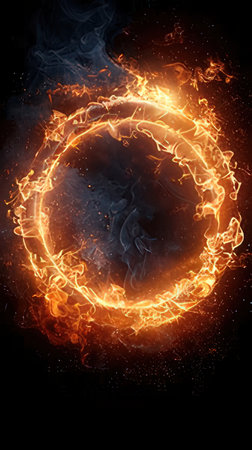 Burning circle with smoke on black background. 3d illustration.の素材