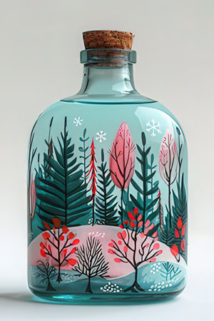 Decorative glass bottle with a floral pattern on a white background.の素材