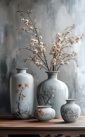 Ceramic vases with flowers on the table. Still lifeの素材