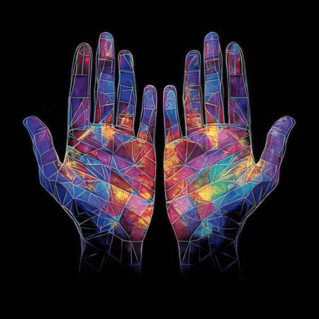 Illustration of human hand with abstract colorful polygonal background.の素材