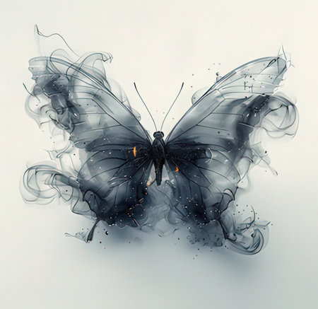 Black butterfly with smoke on a white background. 3d illustration.の素材