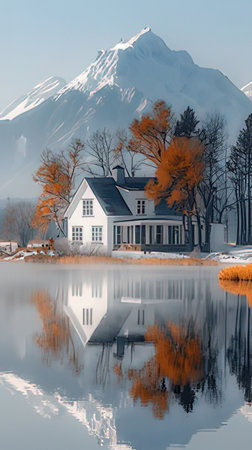 Reflection of a house in the lake and mountains in the backgroundの素材