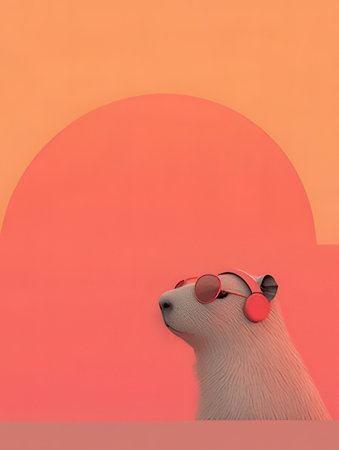 Cute polar bear wearing sunglasses on orange background. Minimal concept.の素材